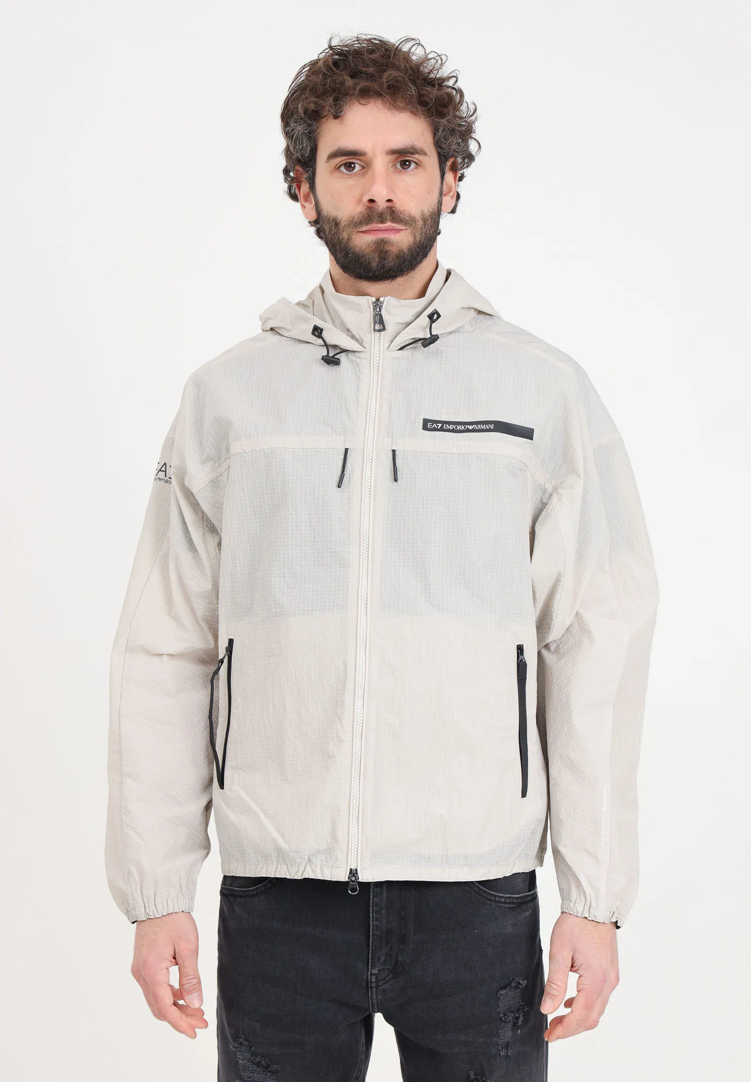 Giacca a vento beige da uomo con cappuccio Athletic Mix in nylon