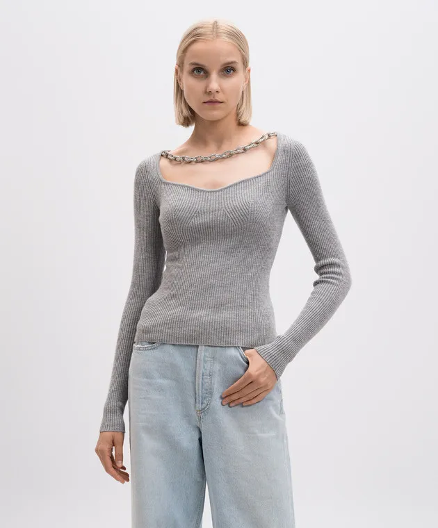 Giuseppe Di Morabito Milano Maglia grigia in lana merino a coste con cristalli 03PFKN31903358