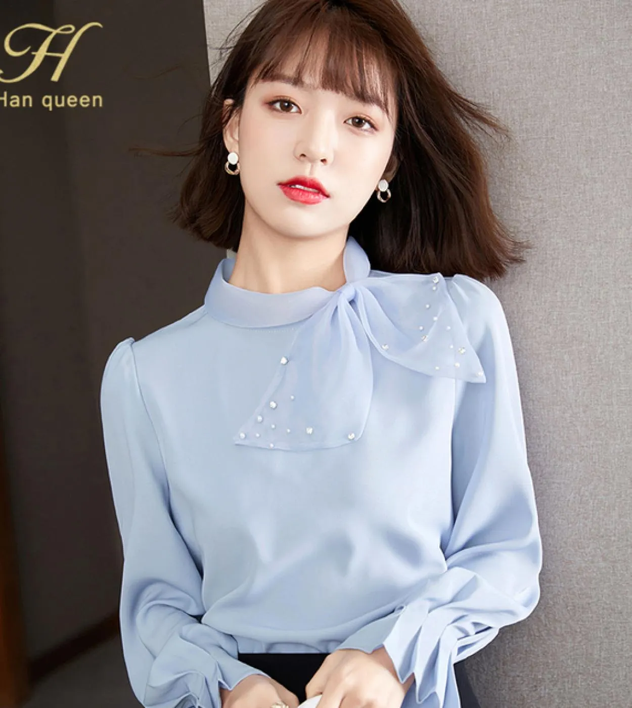 H Han Queen Camicette autunnali da donna Camicia da ufficio con fiocco a maniche lunghe larghe Camicetta da donna Camicetta da l