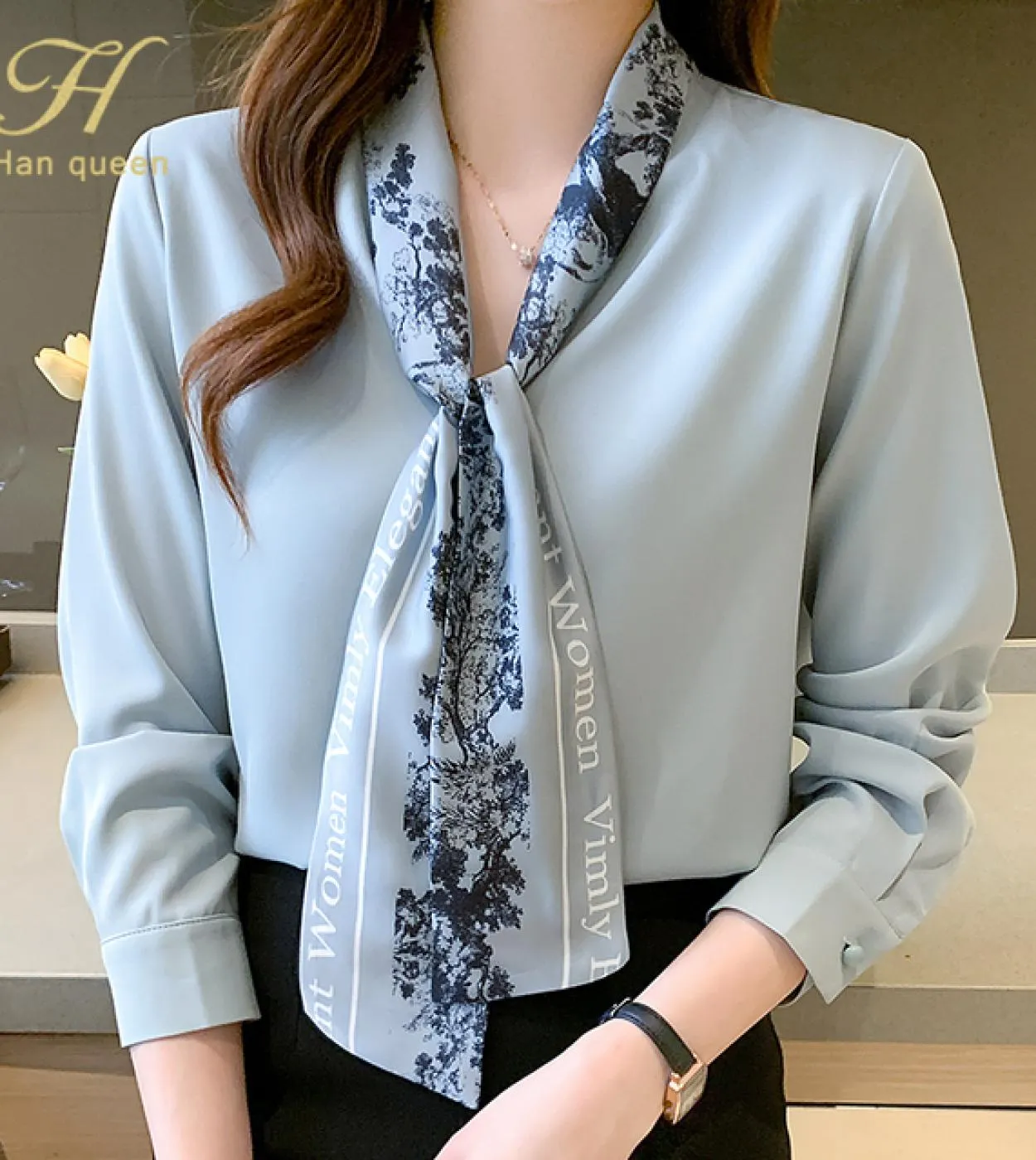 H Han Queen Elegante fiocco autunnale in chiffon Semplice camicetta da donna da ufficio Camicia da donna Top larghi Camicette ca