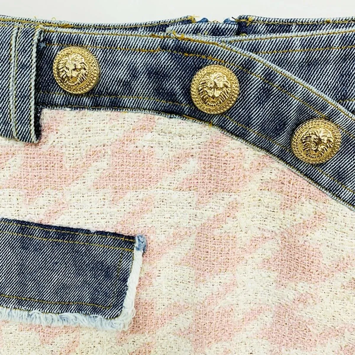 Il più nuovo 2022 Designer Suit Set Leone Bottoni da donna Pied de poule Tweed Denim Patchwork Nappa con frange Giacca Mini Gonn