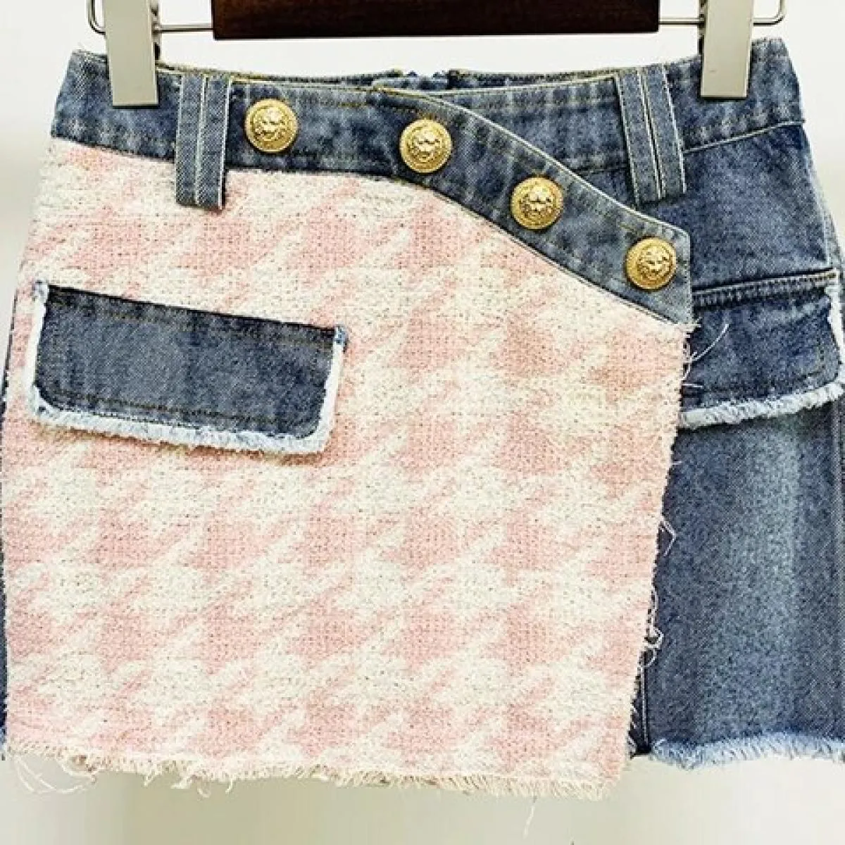 Il più nuovo 2022 Designer Suit Set Leone Bottoni da donna Pied de poule Tweed Denim Patchwork Nappa con frange Giacca Mini Gonn
