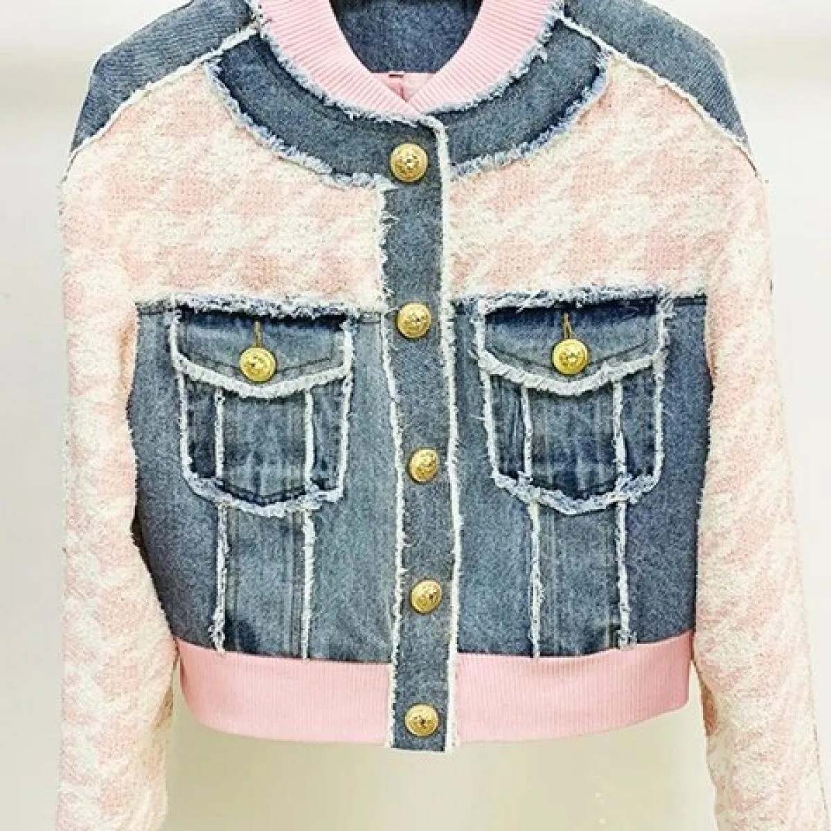 Il più nuovo 2022 Designer Suit Set Leone Bottoni da donna Pied de poule Tweed Denim Patchwork Nappa con frange Giacca Mini Gonn