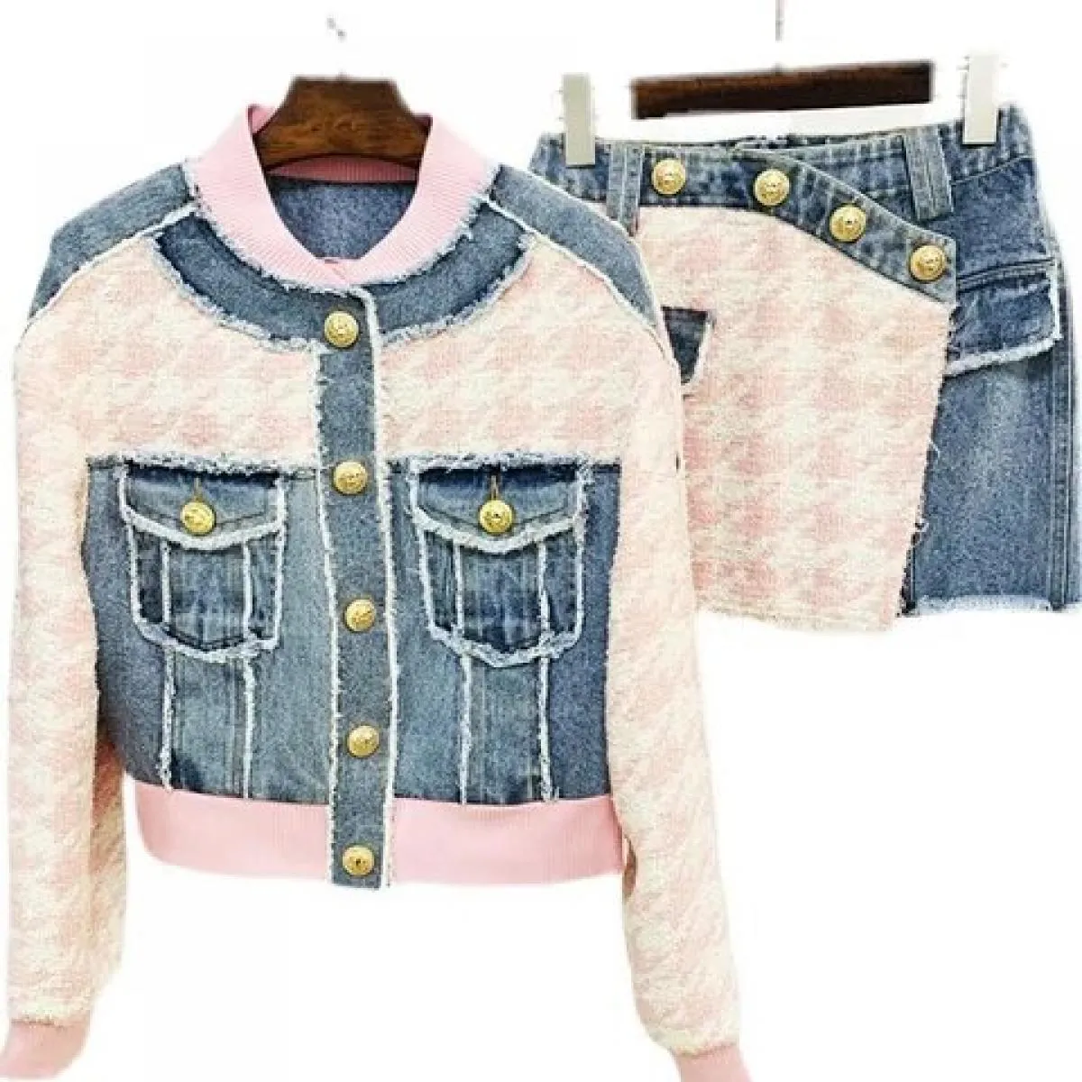 Il più nuovo 2022 Designer Suit Set Leone Bottoni da donna Pied de poule Tweed Denim Patchwork Nappa con frange Giacca Mini Gonn