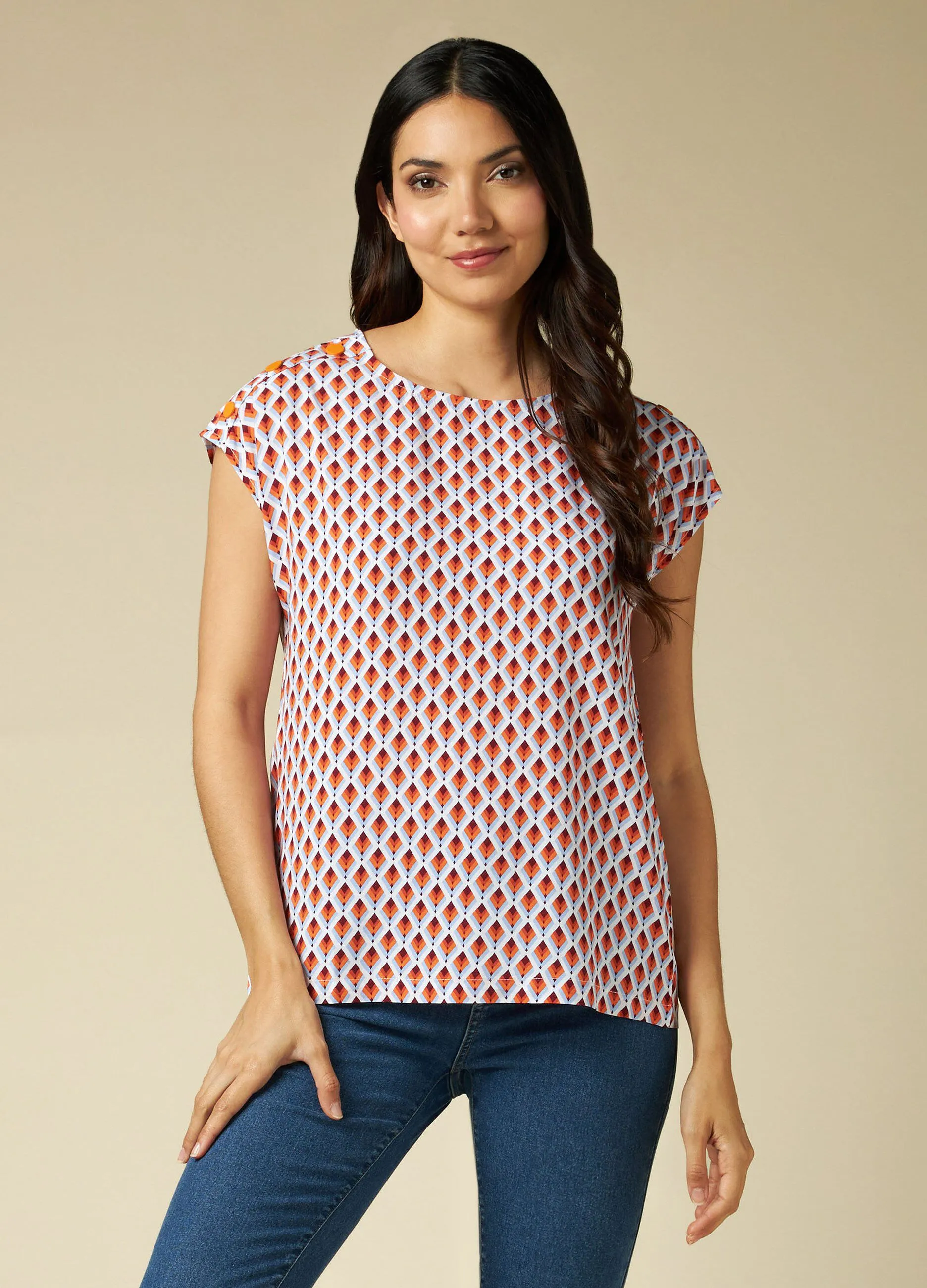 IWIE  Blusa smanicata in pura viscosa con stampa donna