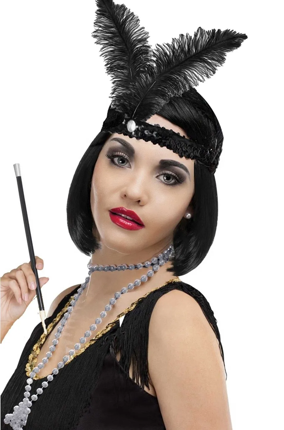 Kit anni 20 con piuma flapper nera, collana finte perle, bocchino