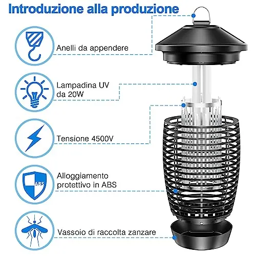 Lampada Antizanzare Elettrica, Aggiornamento per il 2023, 4500V 20W UV Zanzariera Elettrica Impermeabile IPX4, Insetticida Zanza
