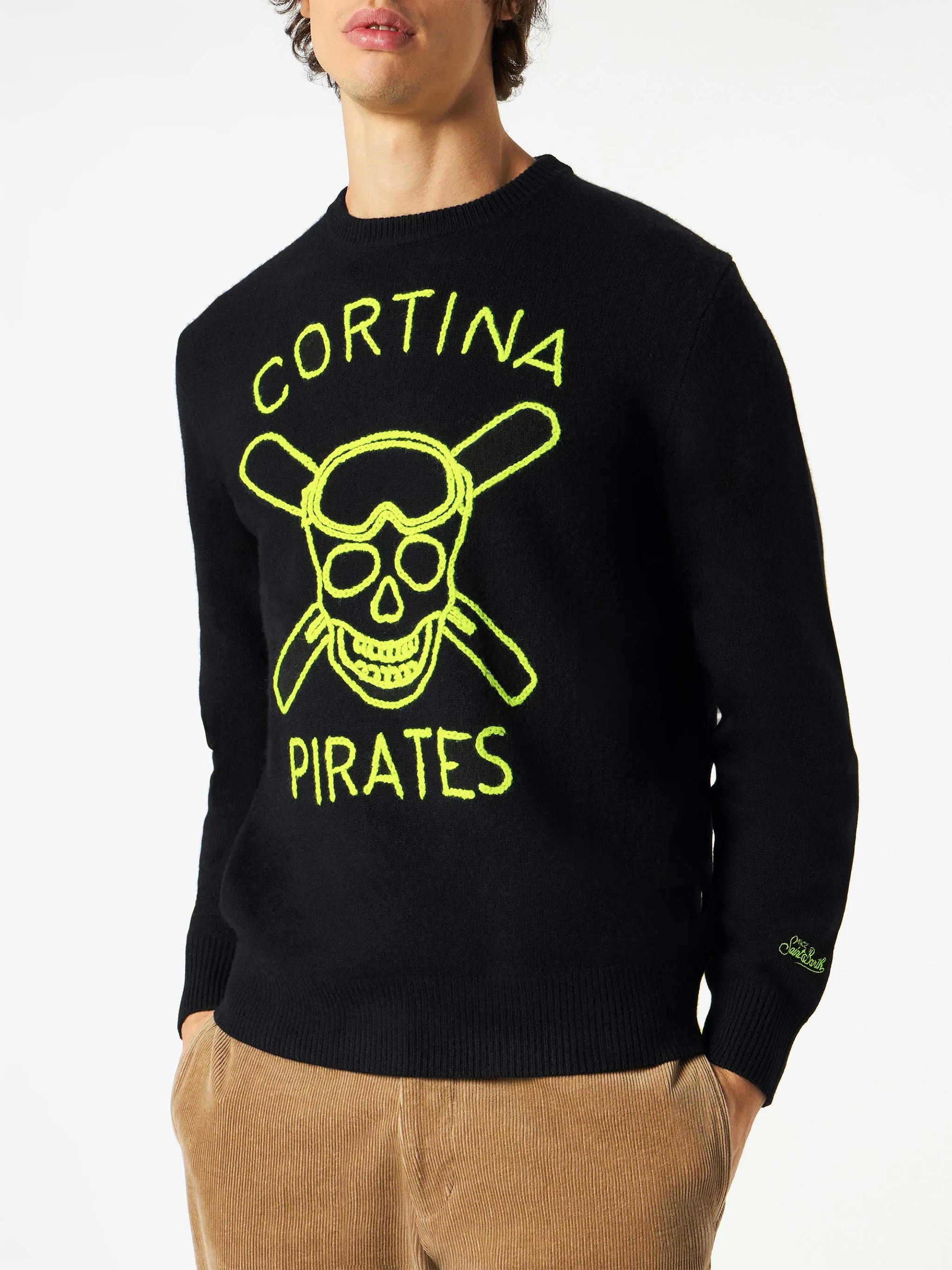 Maglia da uomo nera ricamo Cortina Pirates fluo