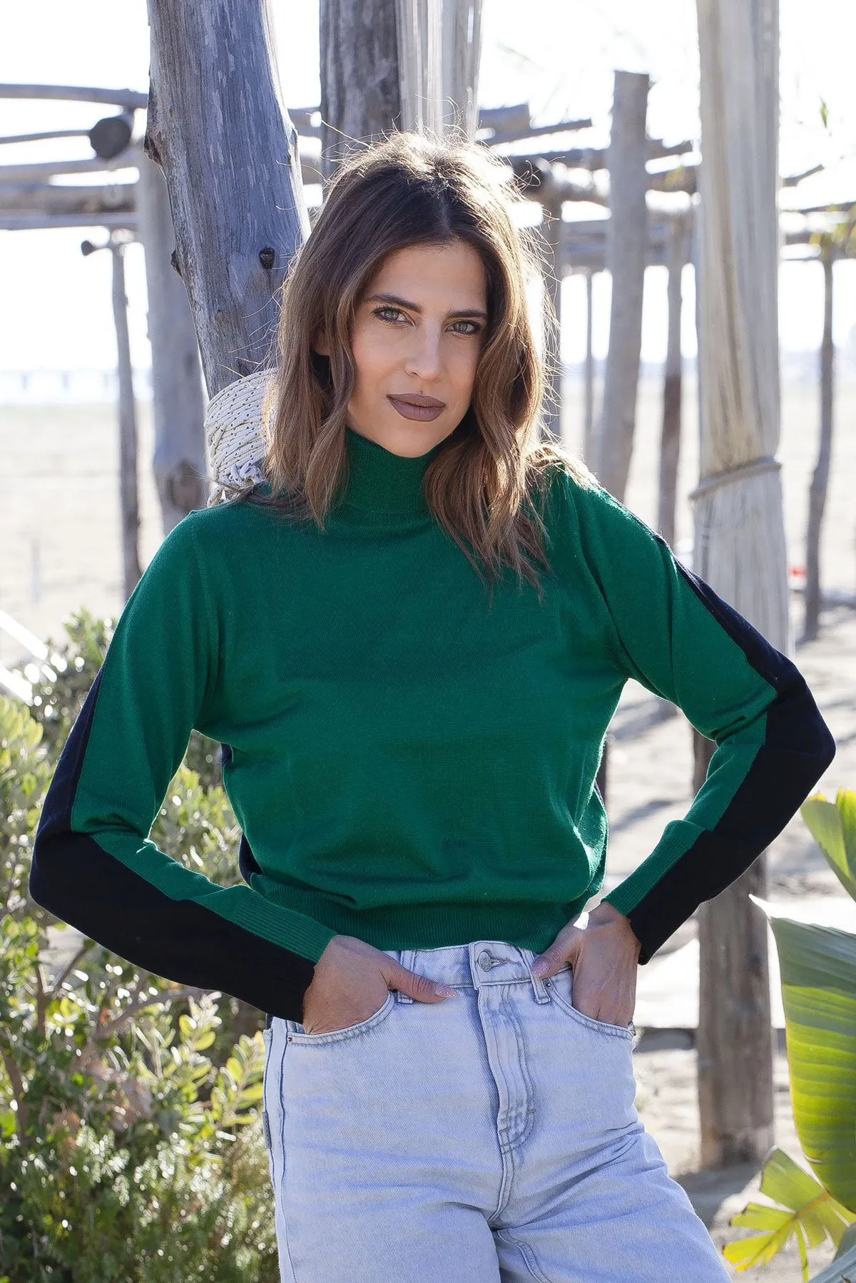 Maglia Dolcevita Bicolore - Maglione Donna - Autunno/Inverno - 100% Pura Lana Vergine Merino Extrafine - Fatto in Italia | Brune
