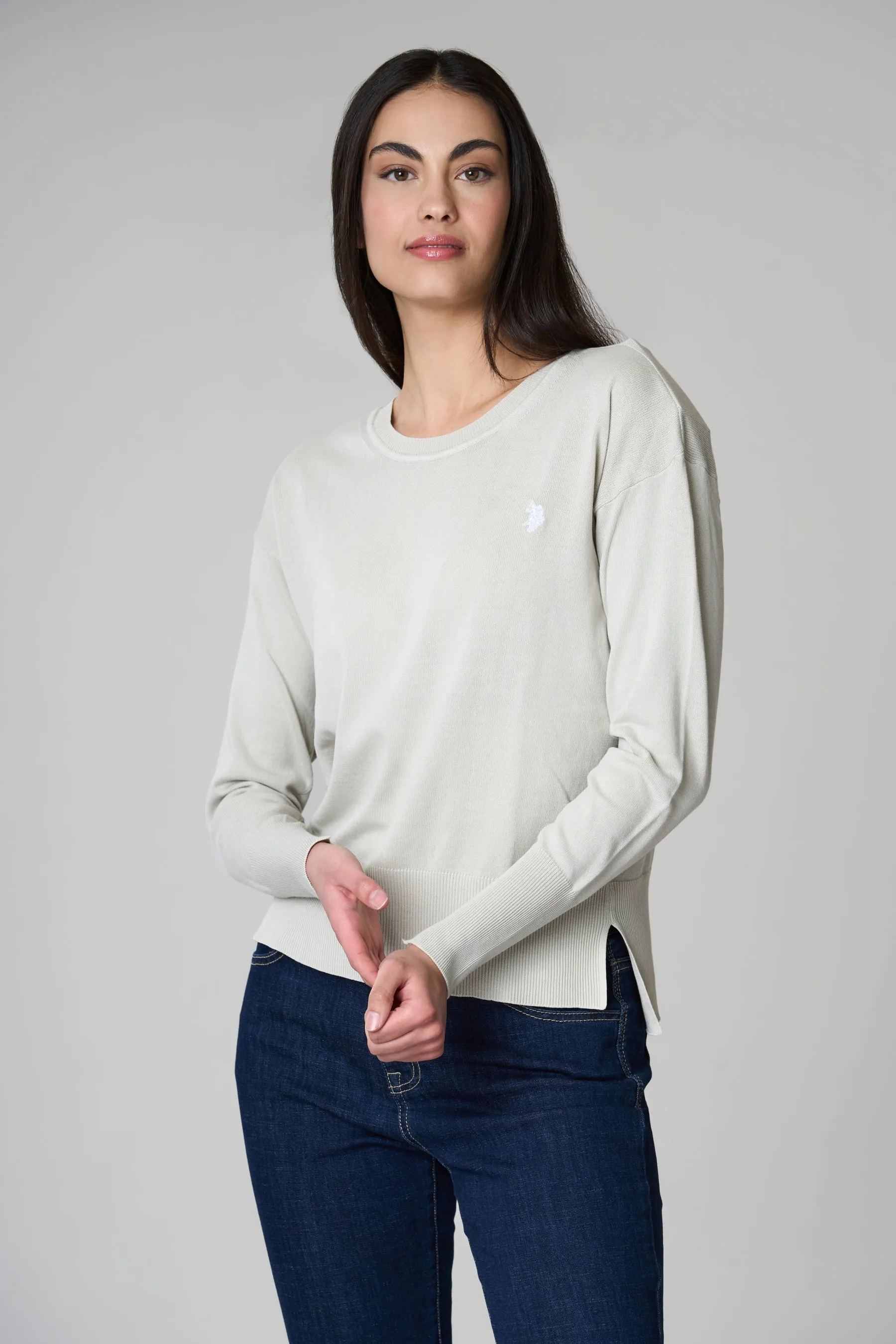 Maglia girocollo in cotone con spacchi laterali e logo