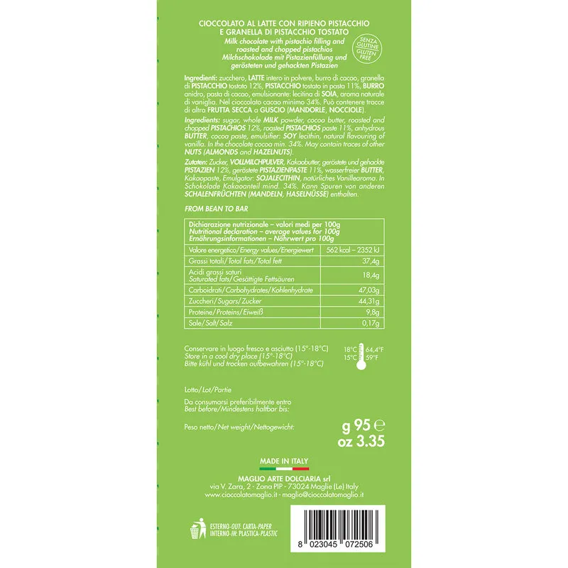 Maglio Arte Dolciaria 6 tavolette - Cioccolato al Latte con ripieno e granella di Pistacchi 95 gr