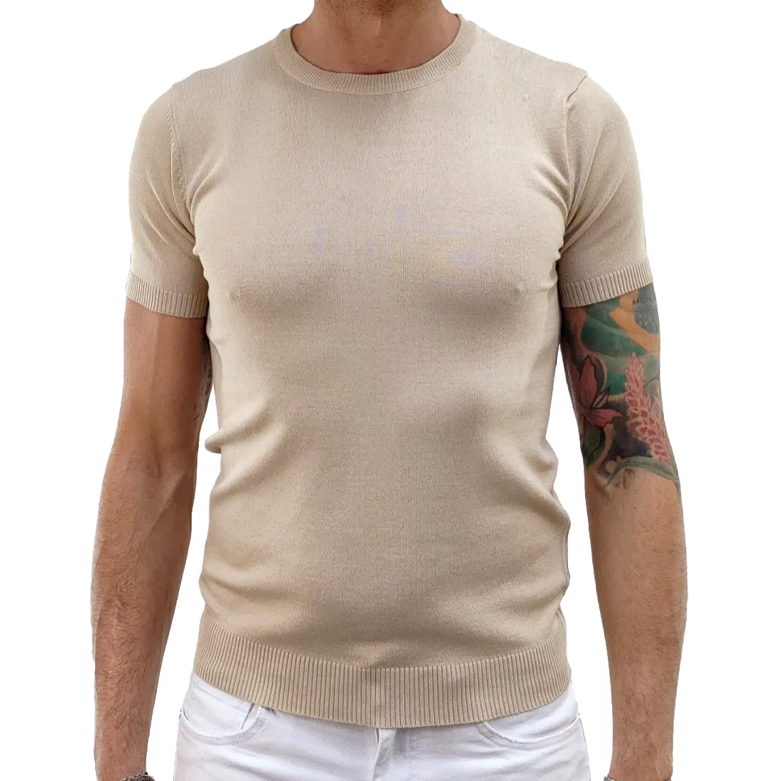 Maglioncino a maniche corte in cotone elasticizzato beige 60021