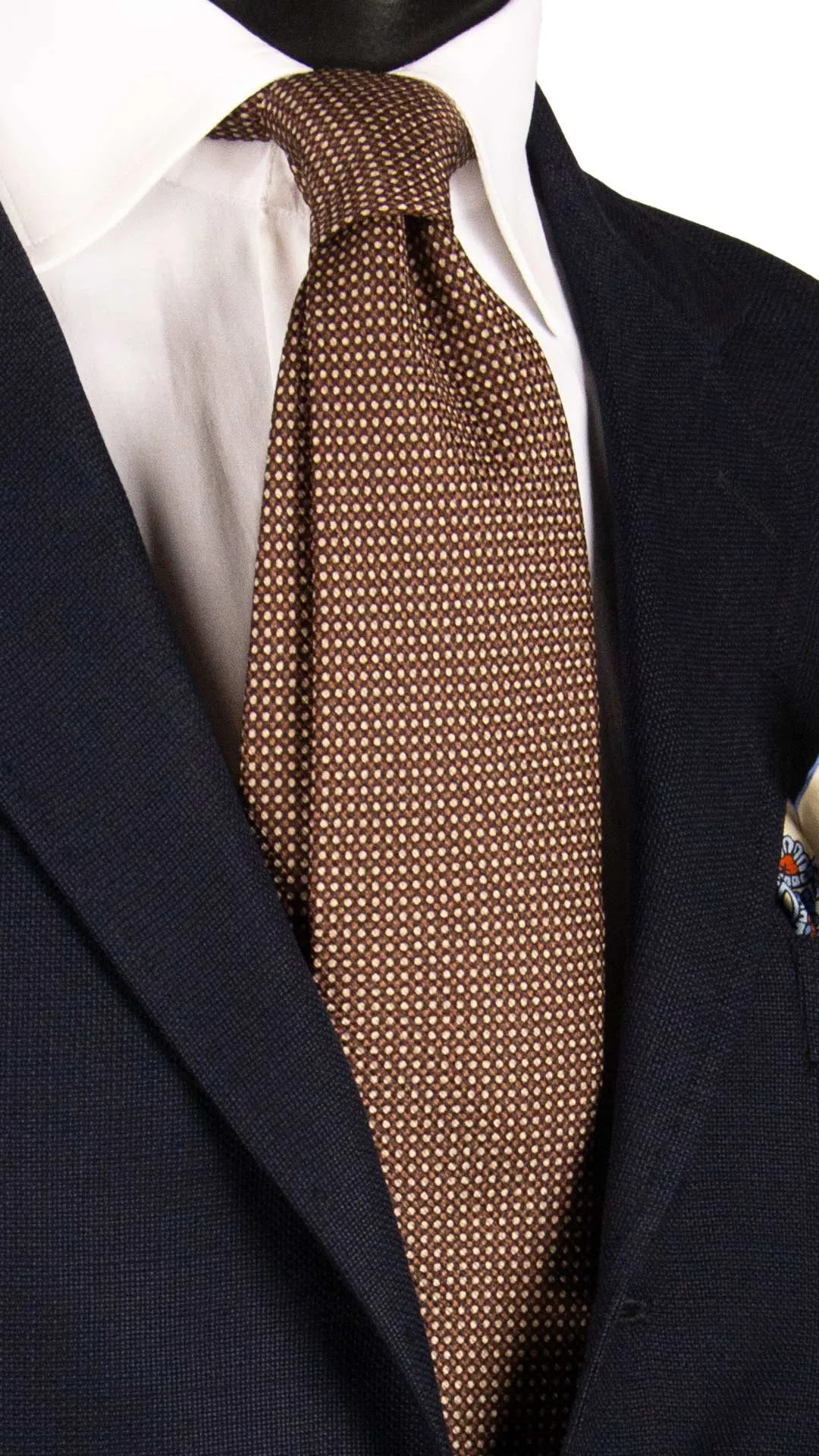 Man Brown Seven Fold Printed Silk Tie Beige Pattern 7P467