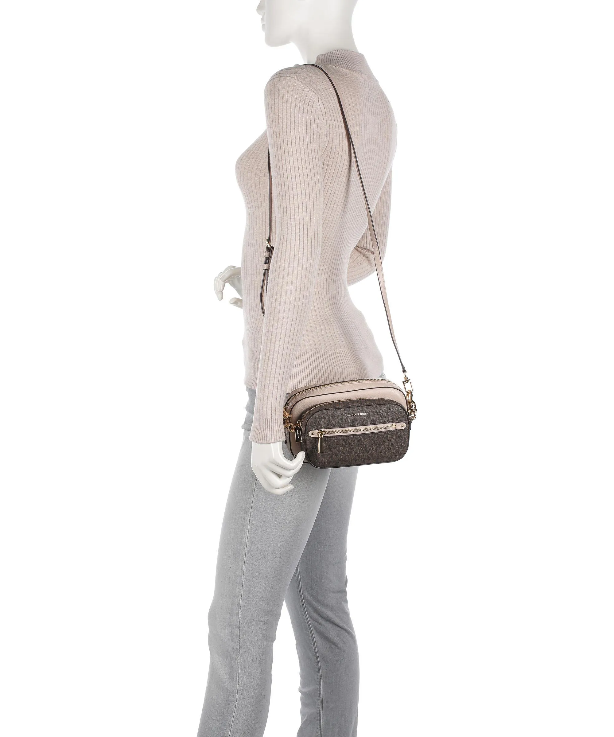  Michael Kors Jet Set Borsa a tracolla pelle di vacchetta grana, tela beige/marrone  