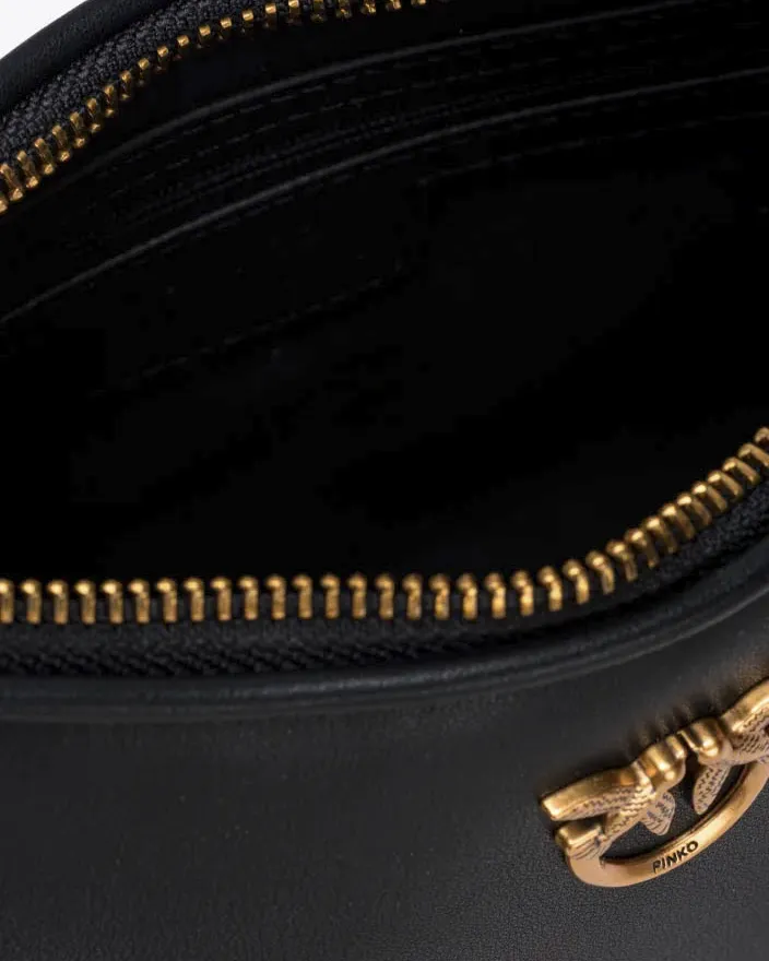 Mini Love Bag Half Moon in pelle liscia nera con logo Love Birds dorato in metallo frontale