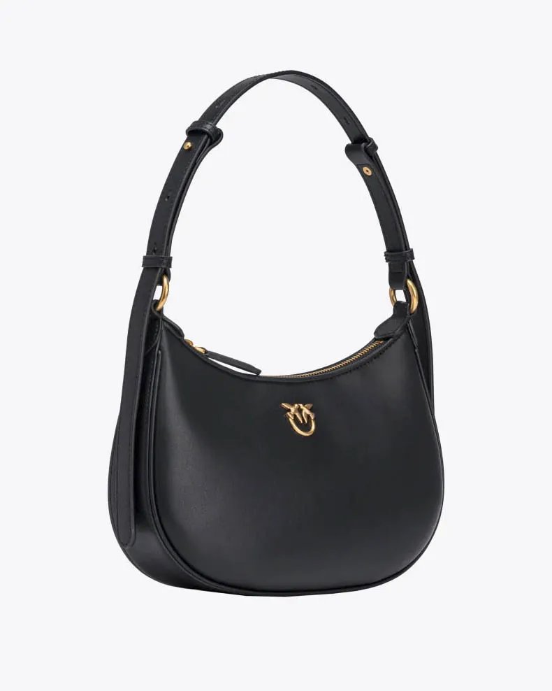 Mini Love Bag Half Moon in pelle liscia nera con logo Love Birds dorato in metallo frontale