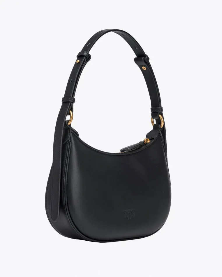 Mini Love Bag Half Moon in pelle liscia nera con logo Love Birds dorato in metallo frontale