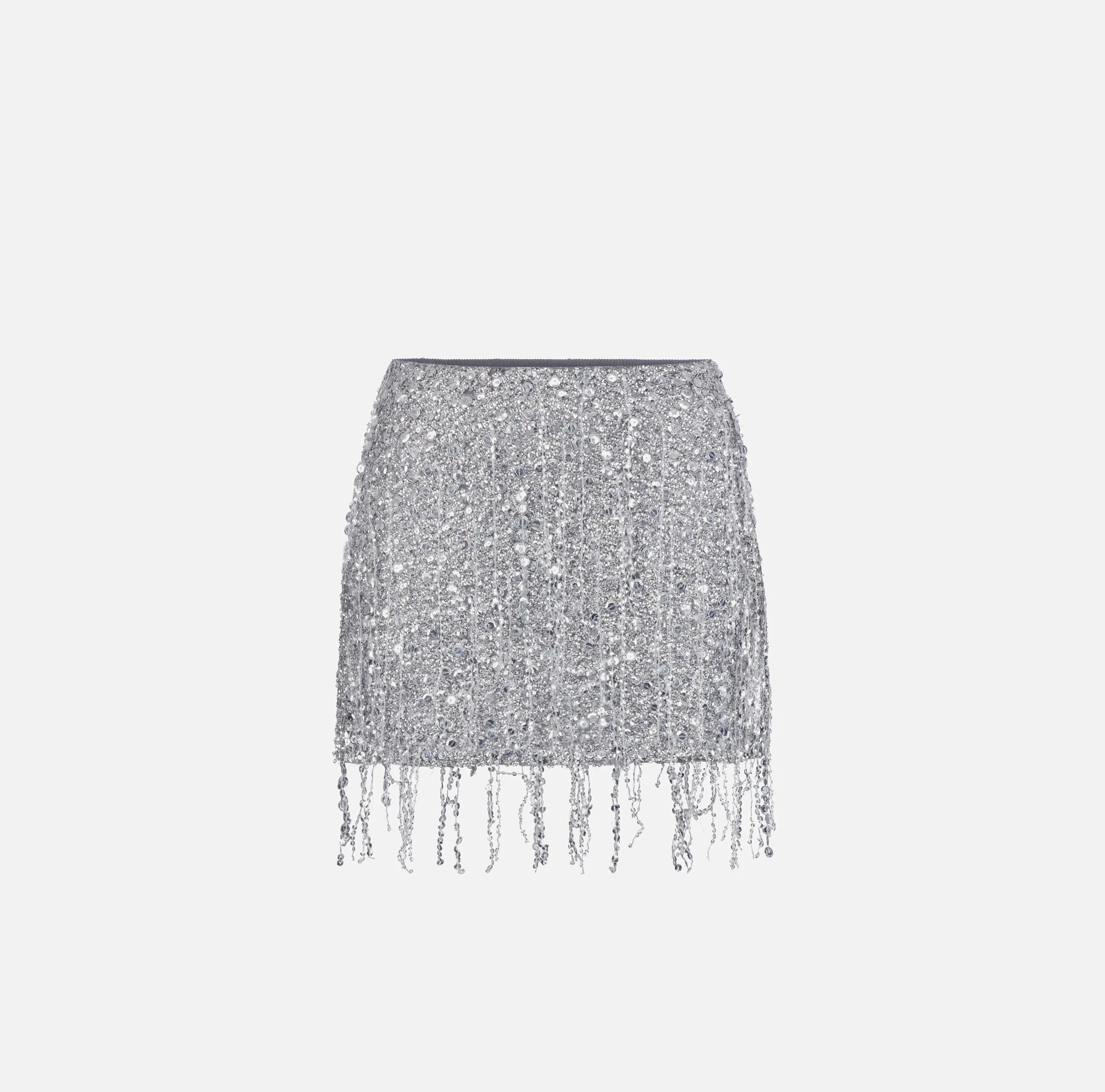 Minigonna in tulle ricamata con frange di paillettes