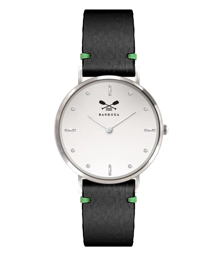 OROLOGIO BIANCO ZIRCONI dm. 36,5 PELLE NERO BANDANA VERDE