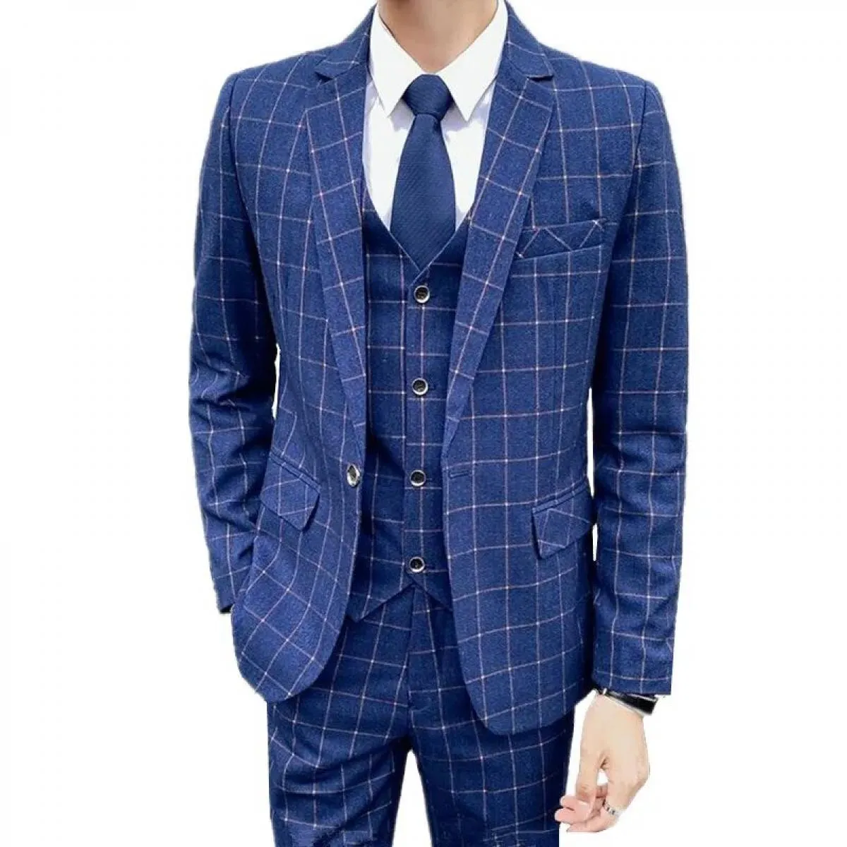 Pantaloni da lavoro da uomo Moda casual Pantaloni monopetto / Giacca scozzese da uomo Blazer Gilet Pantaloni Set da 3 pezzi / Pl