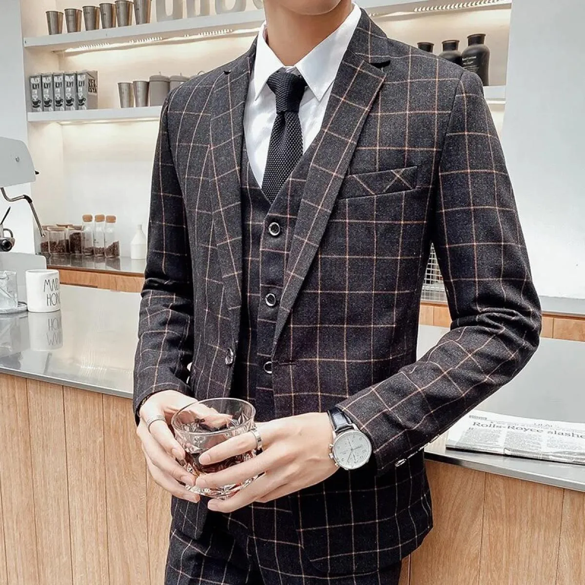 Pantaloni da lavoro da uomo Moda casual Pantaloni monopetto / Giacca scozzese da uomo Blazer Gilet Pantaloni Set da 3 pezzi / Pl