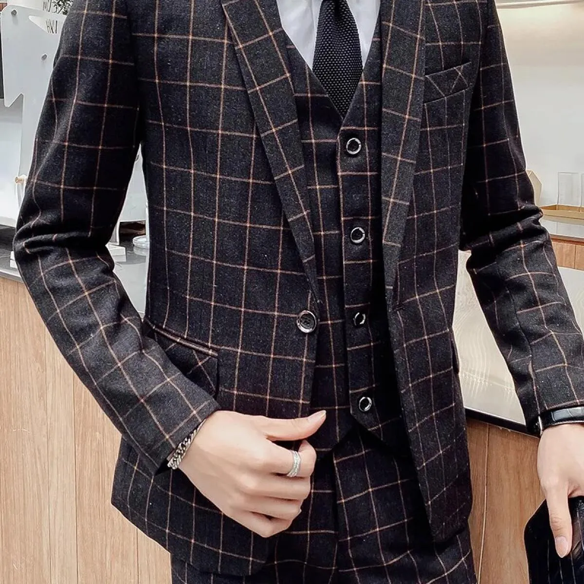 Pantaloni da lavoro da uomo Moda casual Pantaloni monopetto / Giacca scozzese da uomo Blazer Gilet Pantaloni Set da 3 pezzi / Pl