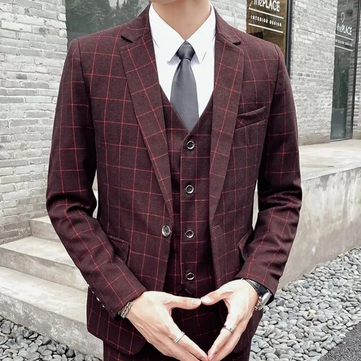 Pantaloni da lavoro da uomo Moda casual Pantaloni monopetto / Giacca scozzese da uomo Blazer Gilet Pantaloni Set da 3 pezzi / Pl