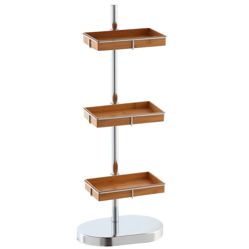 Piantana portaoggetti in acciaio cromato e bamboo 3 ripiani alto 80 cm Feridras 154019-b 