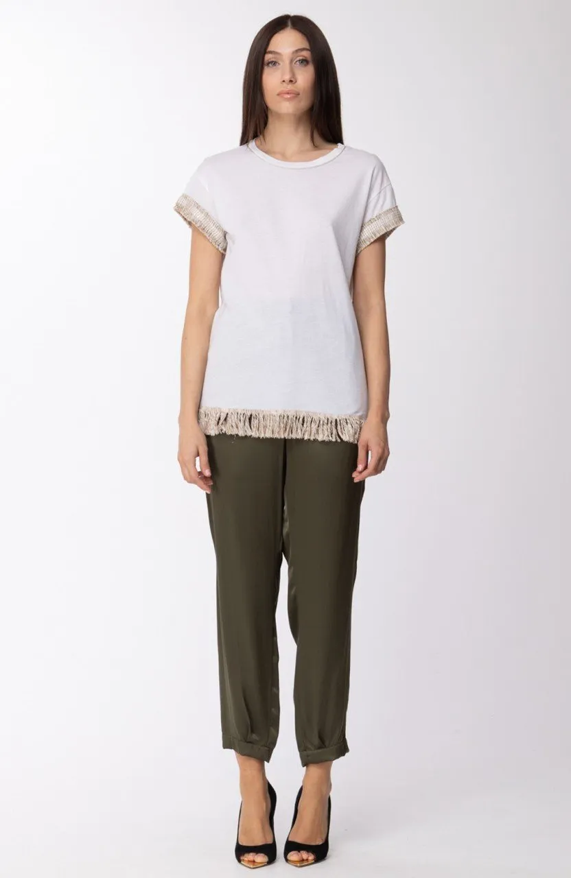 PLEASE: T-SHIRT CON FRANGE E RICAMO SULLE MANICHE Bianco