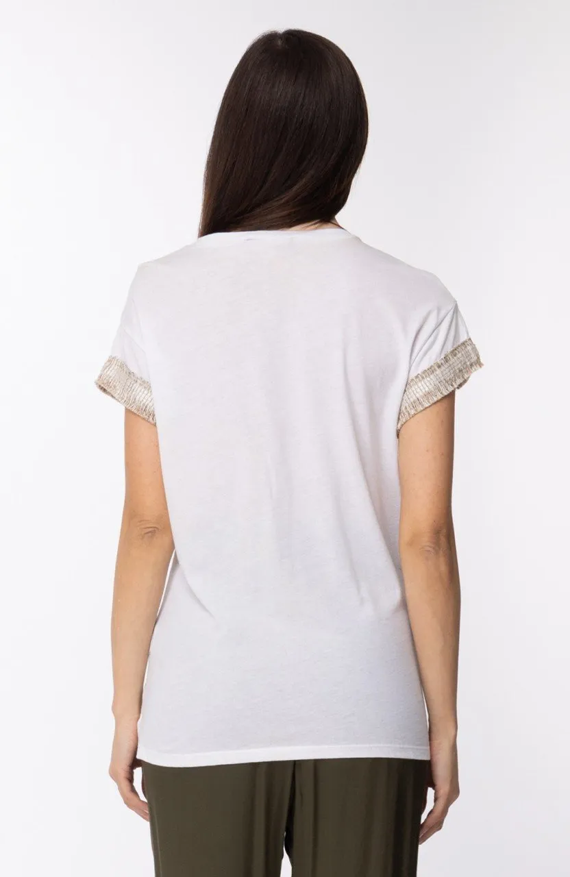 PLEASE: T-SHIRT CON FRANGE E RICAMO SULLE MANICHE Bianco