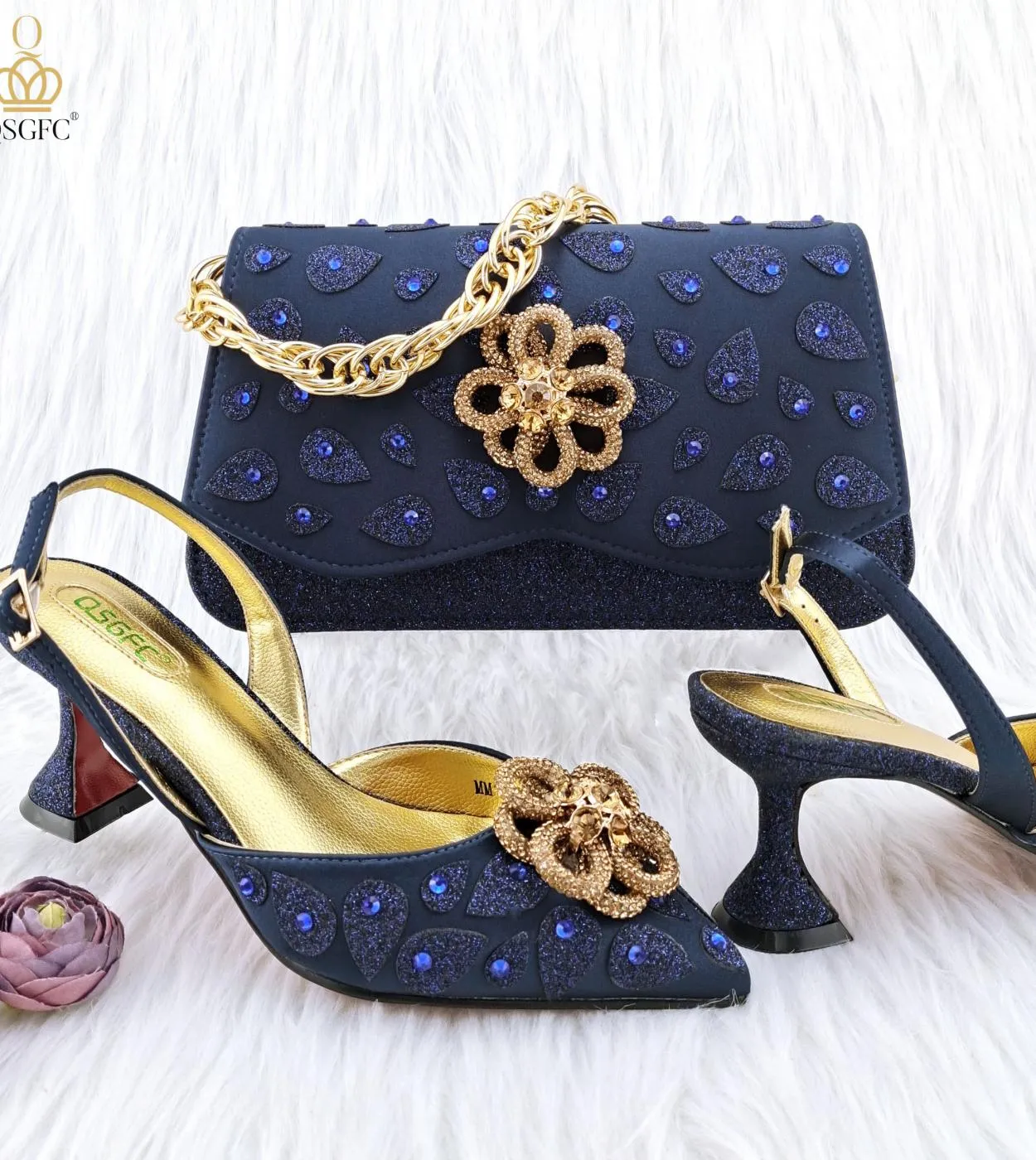 Qsgfc 2023 Borsa a mano da donna in stile classico abbinata a tacchi alti Set di scarpe e borsa per la festa nuziale africana