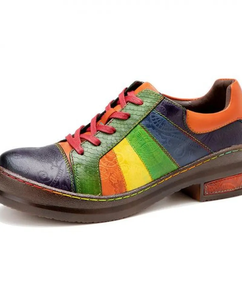 Retro Pompe Scarpe Da Donna 2022 Nuova Moda Primavera Del Cuoio Genuino Punta Rotonda Lace Up Colori Misti Cucito A Mano Delle S