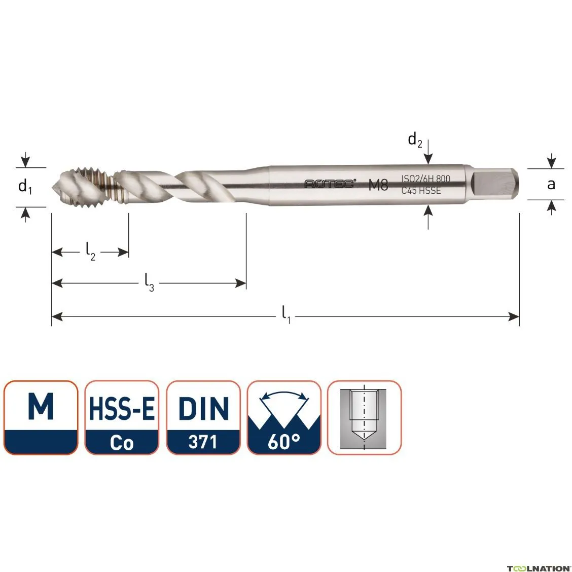 Rotec 332.0800C Rubinetto HSS-E ALU BL DIN 371C/45° M 8x1,25