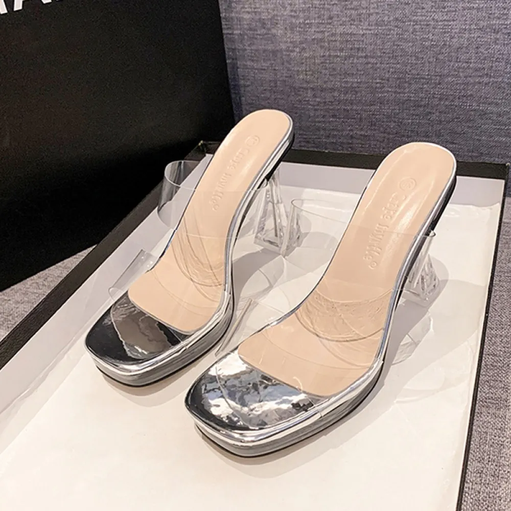 Sandali con tacco alto trasparenti di nuovo stile estivo per donna con punta quadrata Piattaforma impermeabile alla moda Tacco a