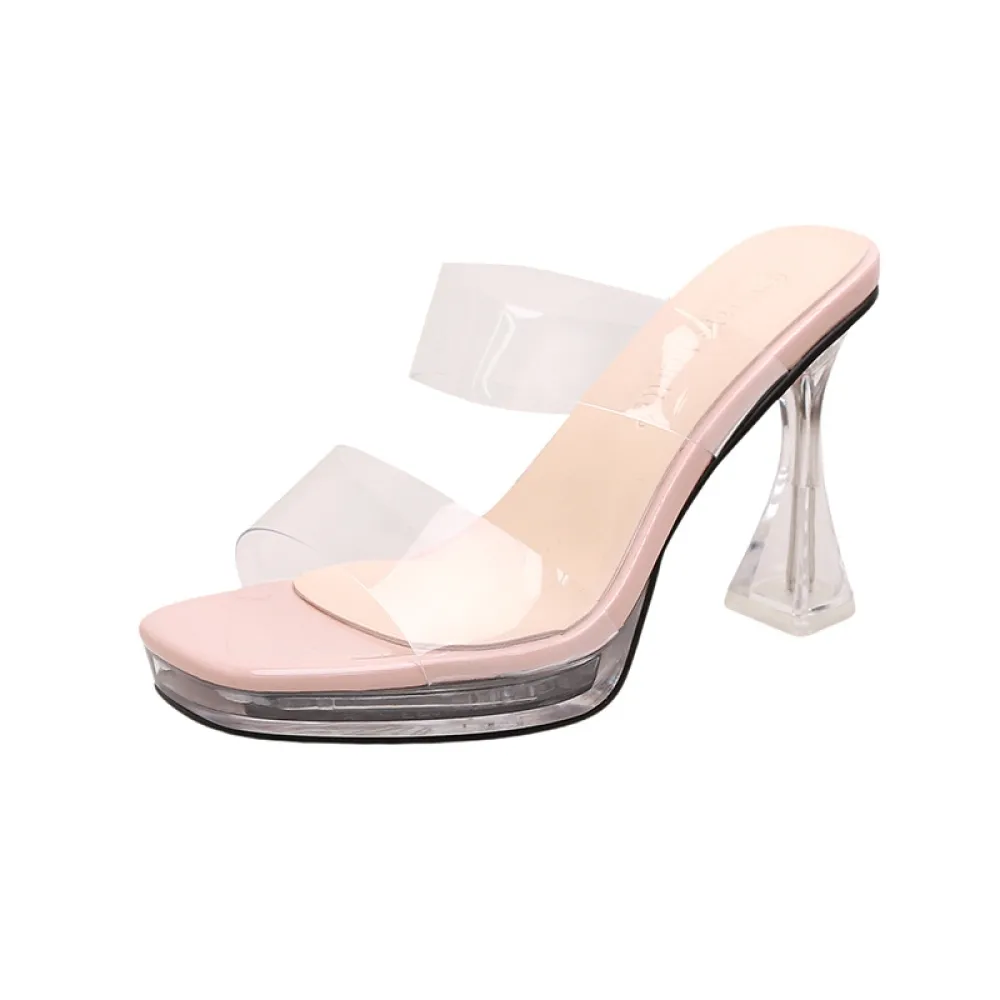 Sandali con tacco alto trasparenti di nuovo stile estivo per donna con punta quadrata Piattaforma impermeabile alla moda Tacco a
