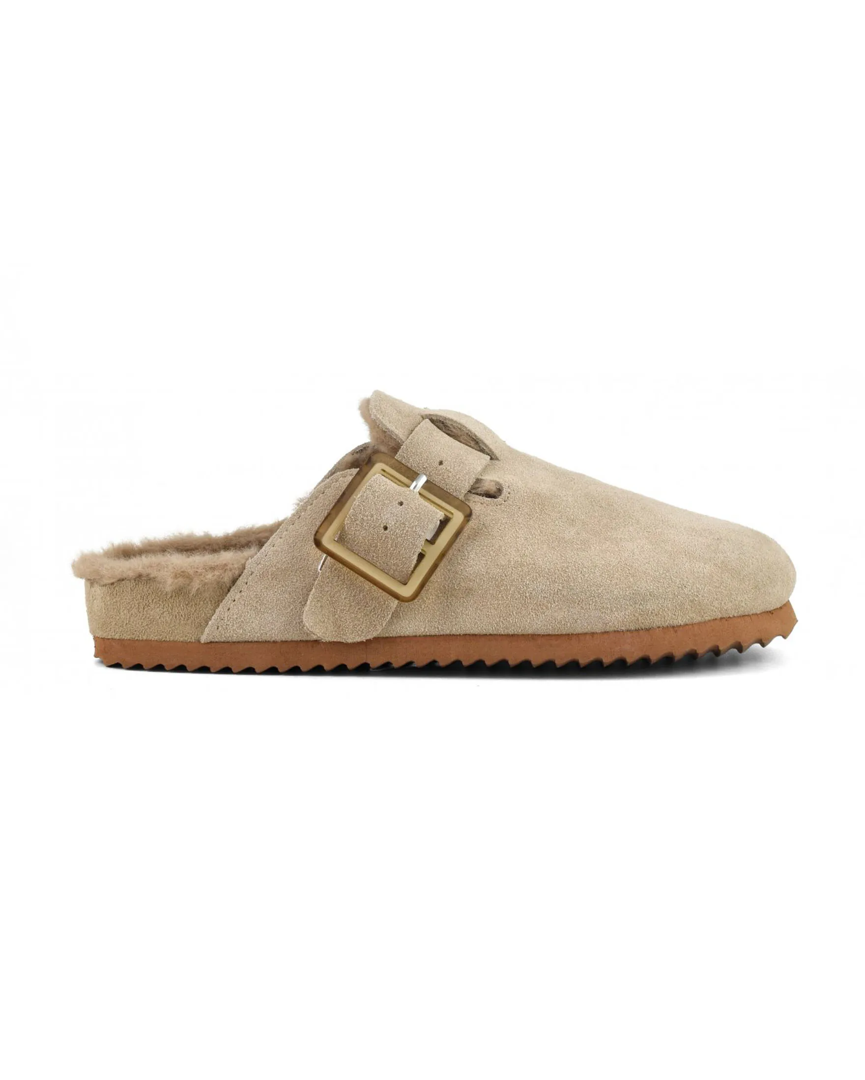Sandalo beige in suede con interno in shearling tono su tono