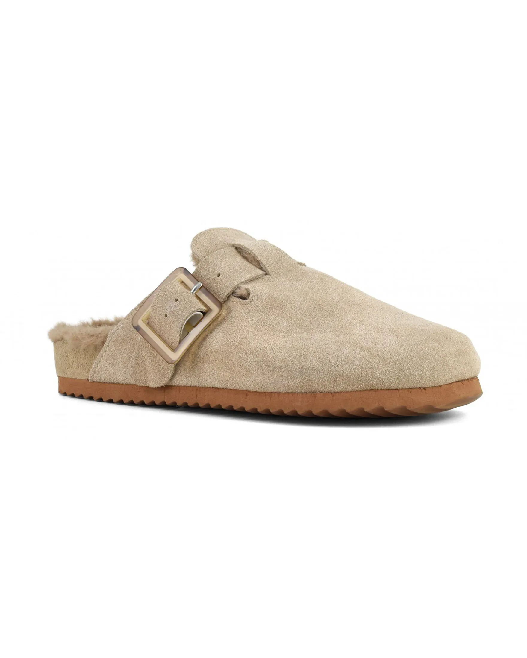 Sandalo beige in suede con interno in shearling tono su tono