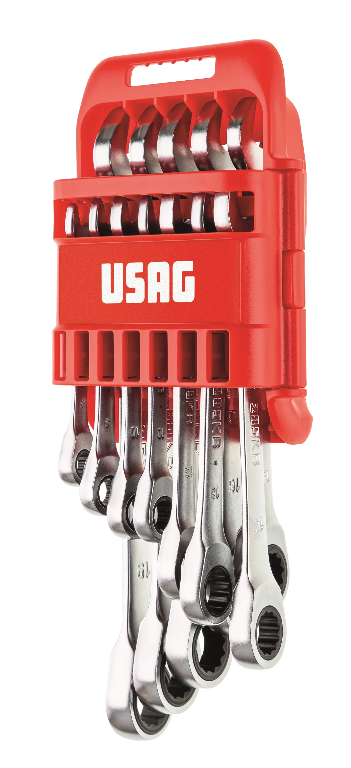 Set di chiavi ad anello Usag Flat ratcheting combination wrenches, 12 pezzi, Cromo