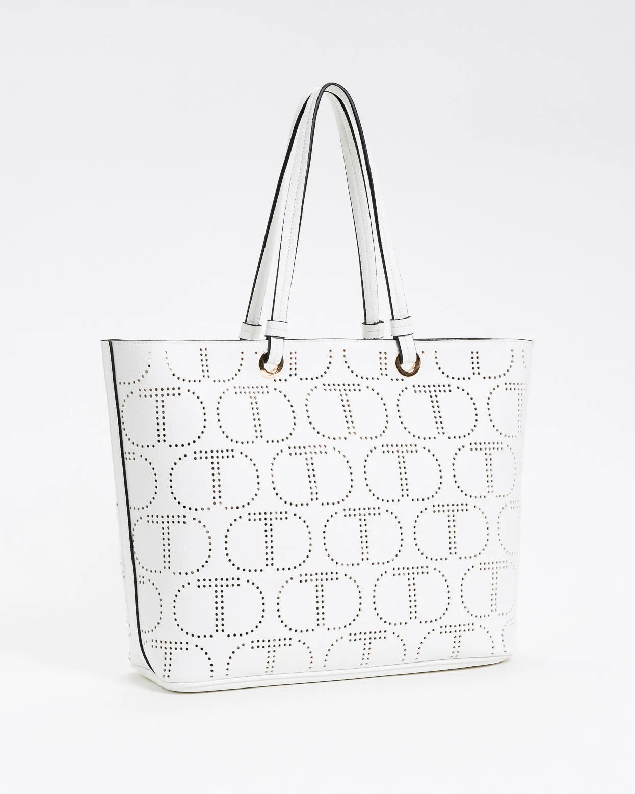 Shopping bag bianca in similpelle a motivo logo Oval T traforato all over