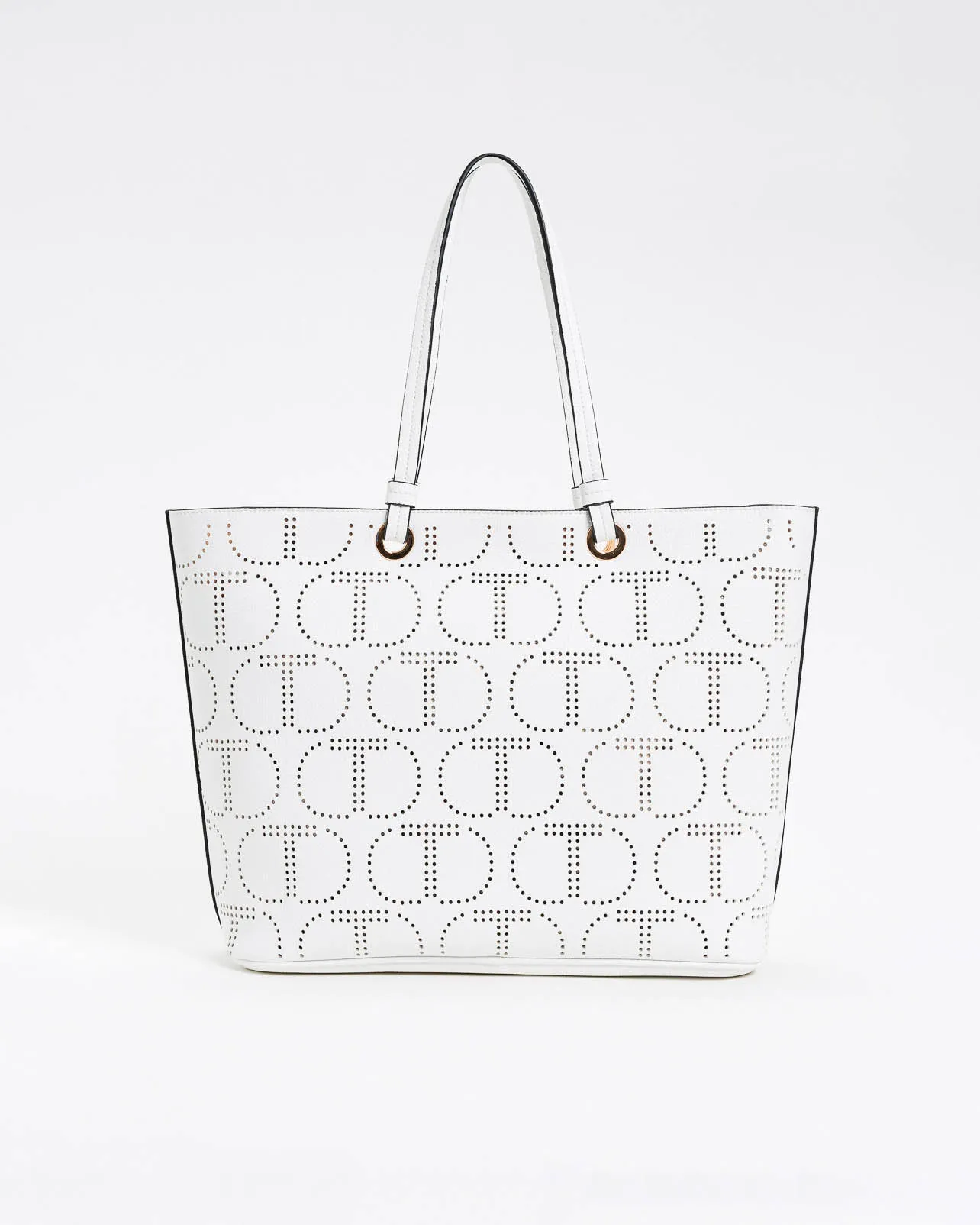 Shopping bag bianca in similpelle a motivo logo Oval T traforato all over