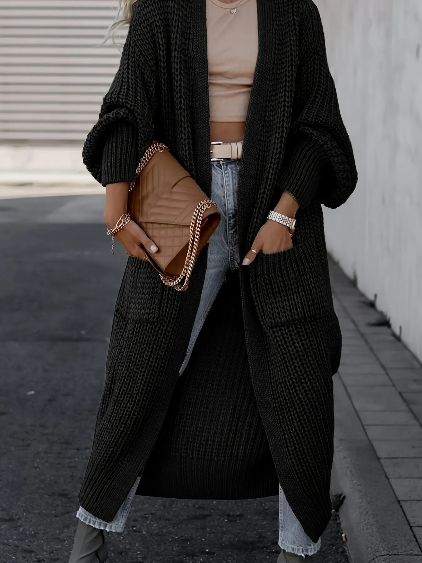 Solido Cardigan Con Tasca Frontale Aperta, Maglione Lungo A Maniche Lunghe Casual Per Autunno E Inverno, Abbigliamento Da Donna