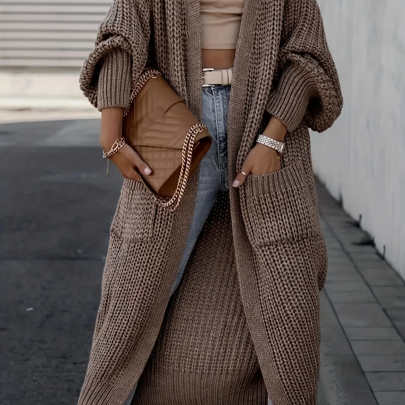 Solido Cardigan Con Tasca Frontale Aperta, Maglione Lungo A Maniche Lunghe Casual Per Autunno E Inverno, Abbigliamento Da Donna