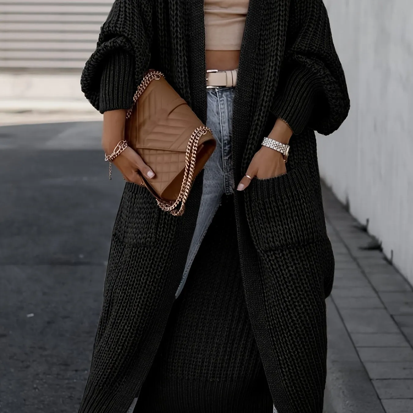 Solido Cardigan Con Tasca Frontale Aperta, Maglione Lungo A Maniche Lunghe Casual Per Autunno E Inverno, Abbigliamento Da Donna