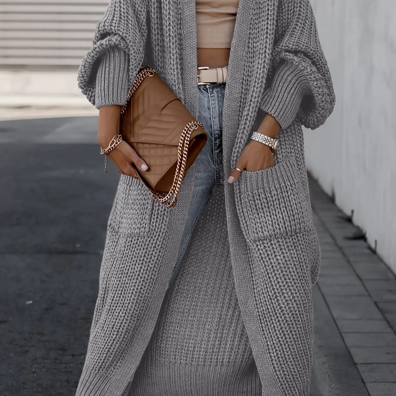 Solido Cardigan Con Tasca Frontale Aperta, Maglione Lungo A Maniche Lunghe Casual Per Autunno E Inverno, Abbigliamento Da Donna