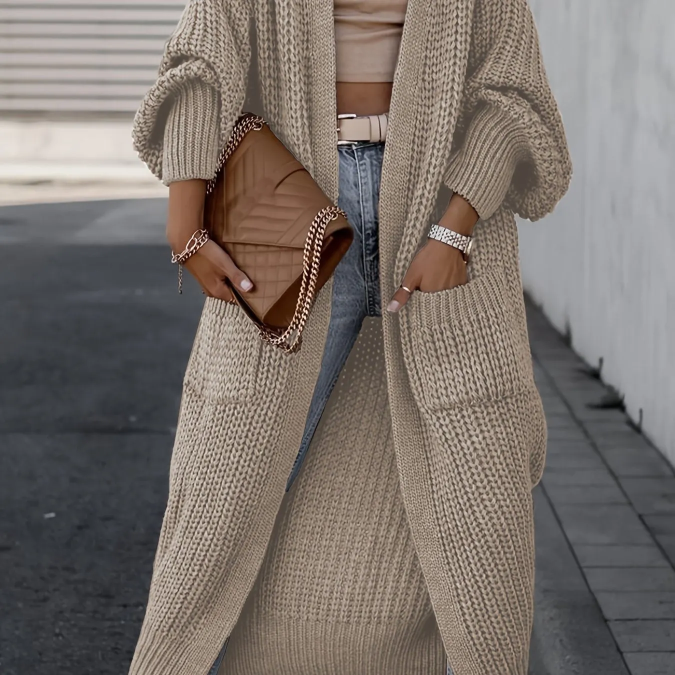 Solido Cardigan Con Tasca Frontale Aperta, Maglione Lungo A Maniche Lunghe Casual Per Autunno E Inverno, Abbigliamento Da Donna