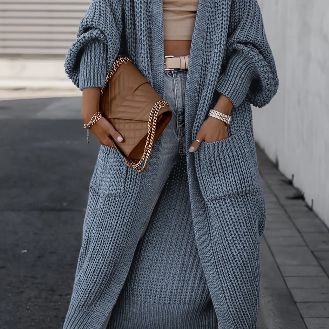 Solido Cardigan Con Tasca Frontale Aperta, Maglione Lungo A Maniche Lunghe Casual Per Autunno E Inverno, Abbigliamento Da Donna