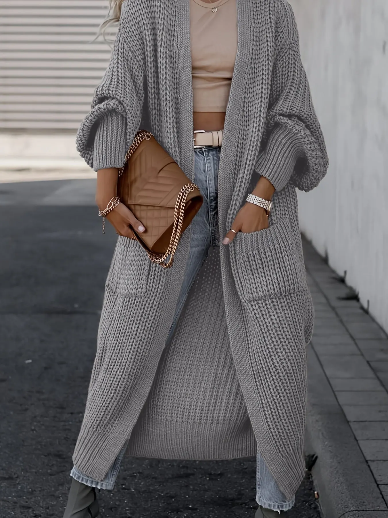 Solido Cardigan Con Tasca Frontale Aperta, Maglione Lungo A Maniche Lunghe Casual Per Autunno E Inverno, Abbigliamento Da Donna