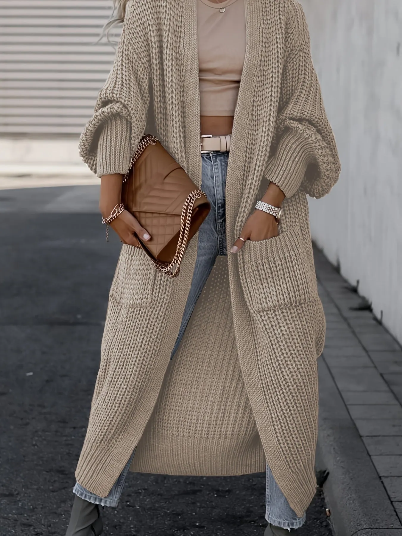 Solido Cardigan Con Tasca Frontale Aperta, Maglione Lungo A Maniche Lunghe Casual Per Autunno E Inverno, Abbigliamento Da Donna