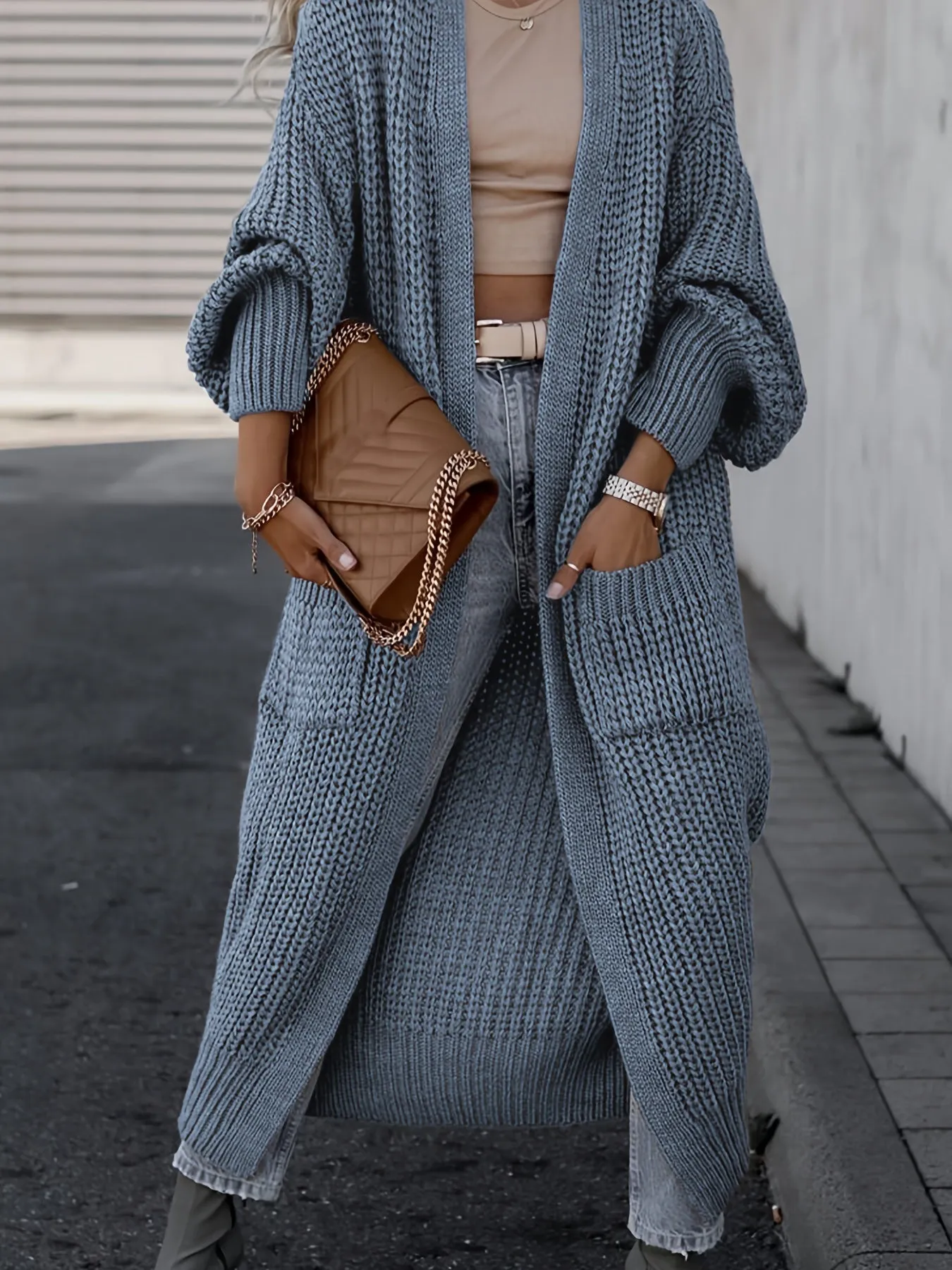 Solido Cardigan Con Tasca Frontale Aperta, Maglione Lungo A Maniche Lunghe Casual Per Autunno E Inverno, Abbigliamento Da Donna