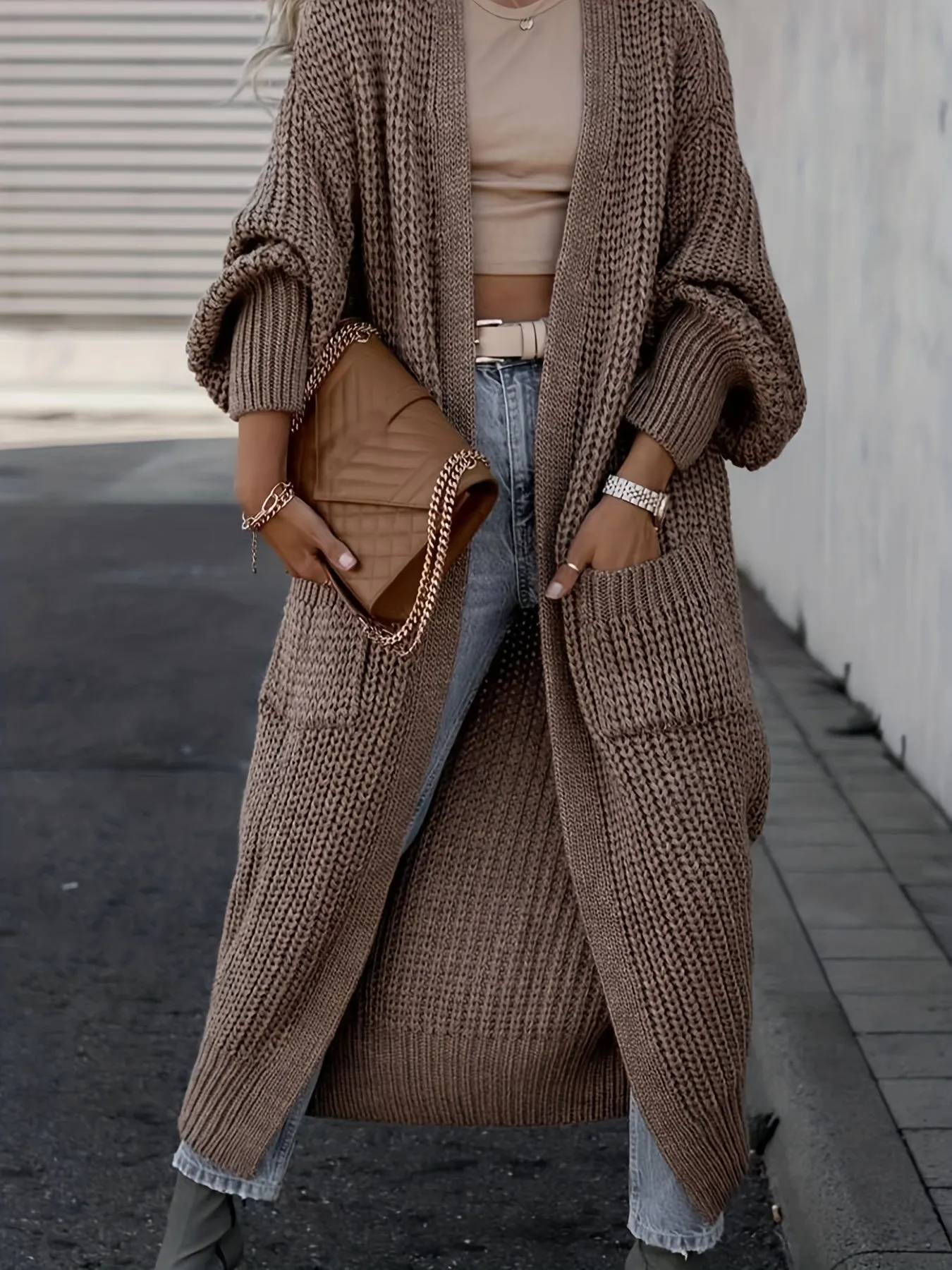 Solido Cardigan Con Tasca Frontale Aperta, Maglione Lungo A Maniche Lunghe Casual Per Autunno E Inverno, Abbigliamento Da Donna
